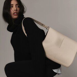 Freja NYC Leather Tall Tote Bucket Bag Ivory